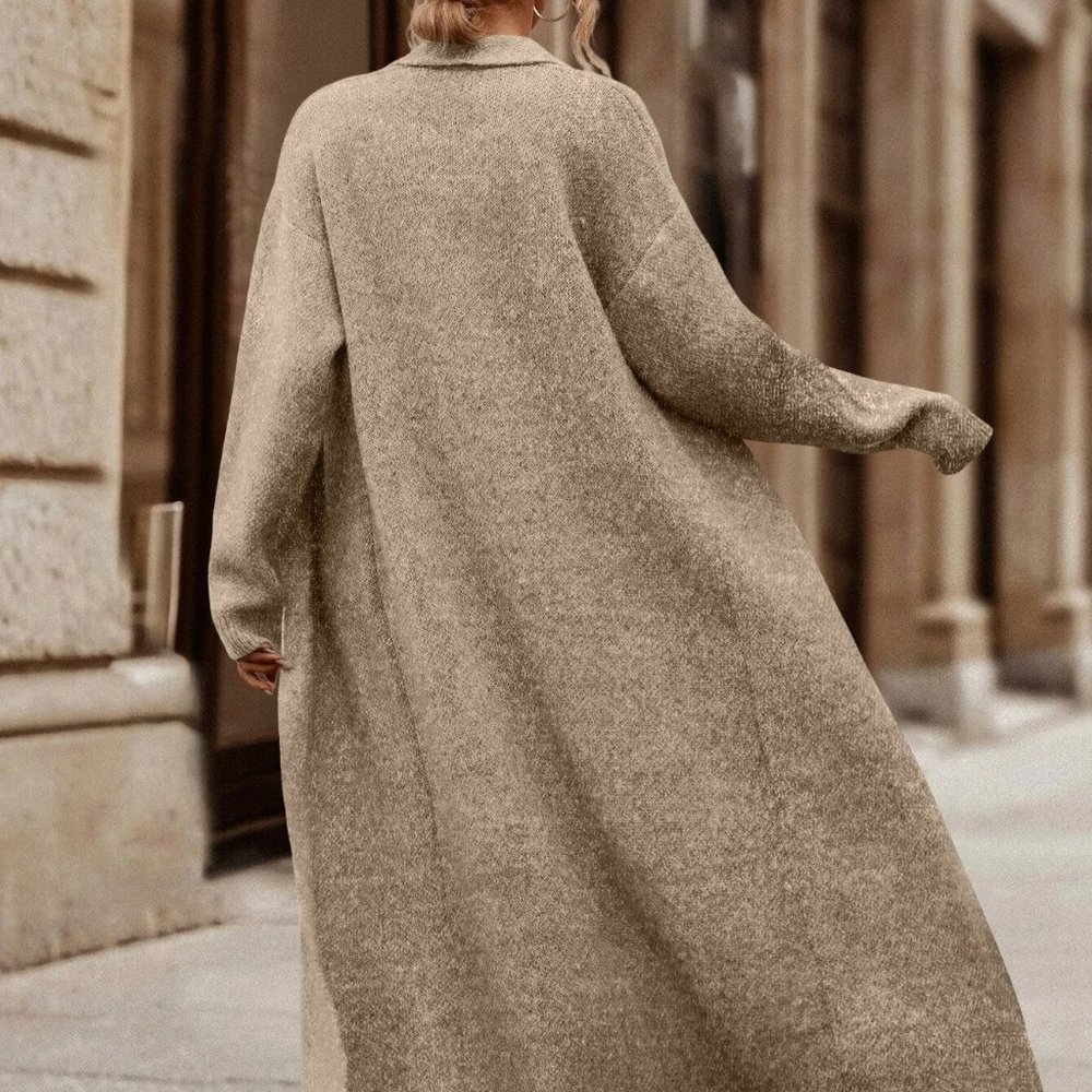 Khaki Preppy Womens Shawl Collar Drop Shoulder Duster Cardigan - Picture 2 of 5